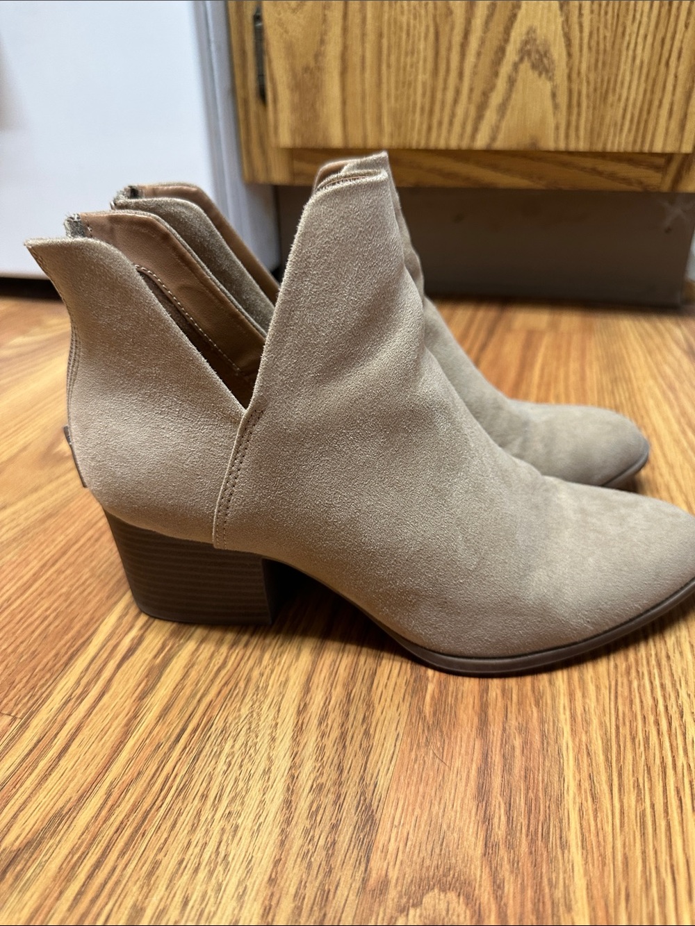 Taupe Suede Ankle Booties - Women's Slip-On Heeled Boots